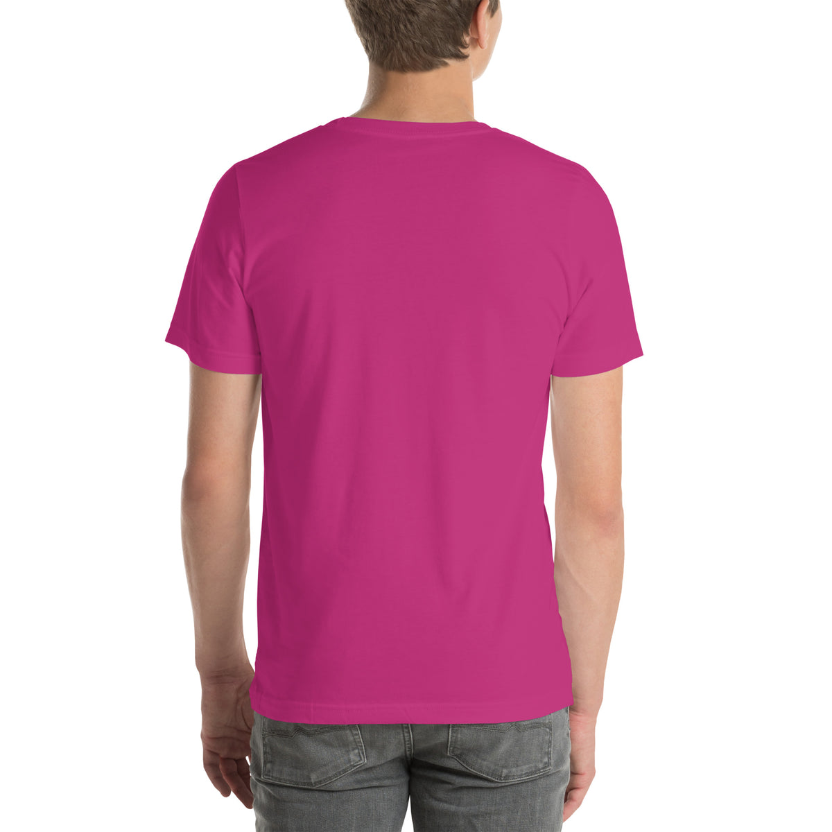 Manifesting Miracles design with moon phases in antique gold, on a berry unisex t-shirt, back view