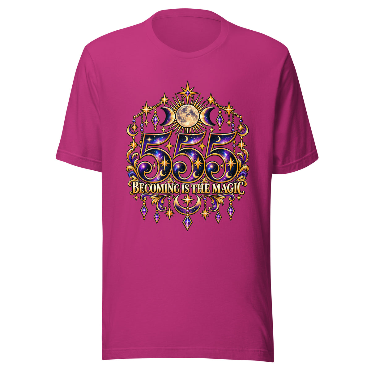 555 Becoming Is The Magic angel number design, a full moon between two crescents, hung with gold chains and amethyst drops, on a berry unisex t-shirt, front view