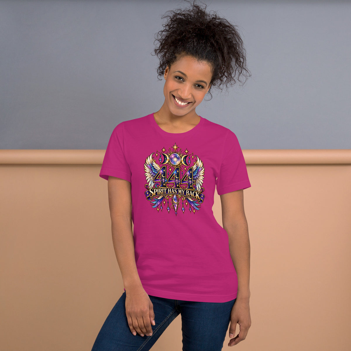 444 Spirit Has My Back angel number design, angel wings flanking the number beneath a galaxy orb and crescent moons, on a berry unisex t-shirt, front view