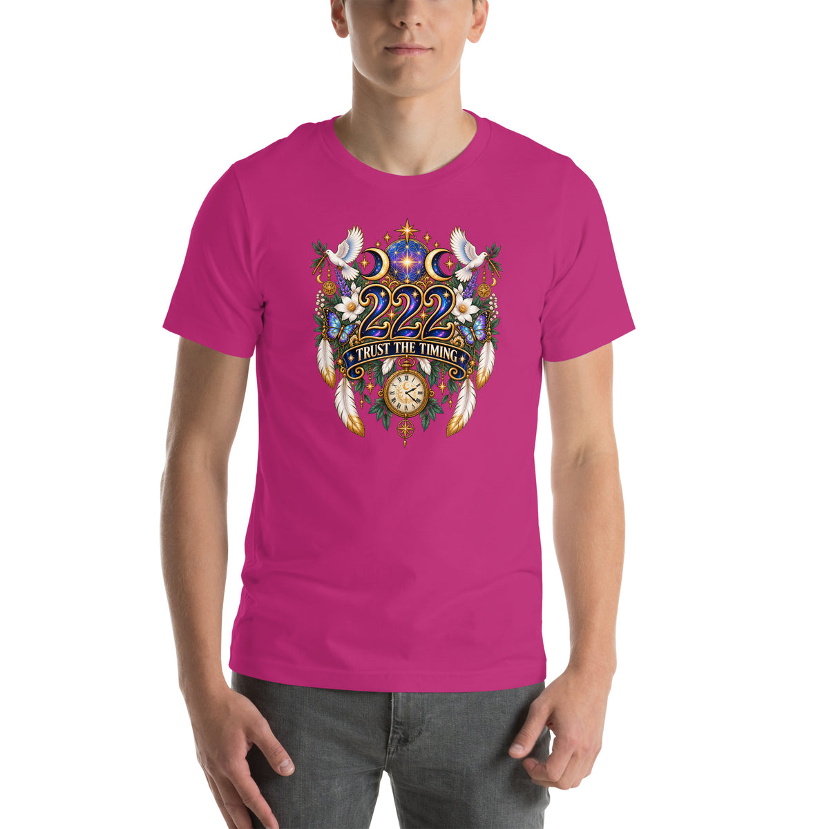 222 Trust The Timing angel number design, two white doves with olive branches, a gold pocket watch and white feathers, on a berry unisex t-shirt, front view