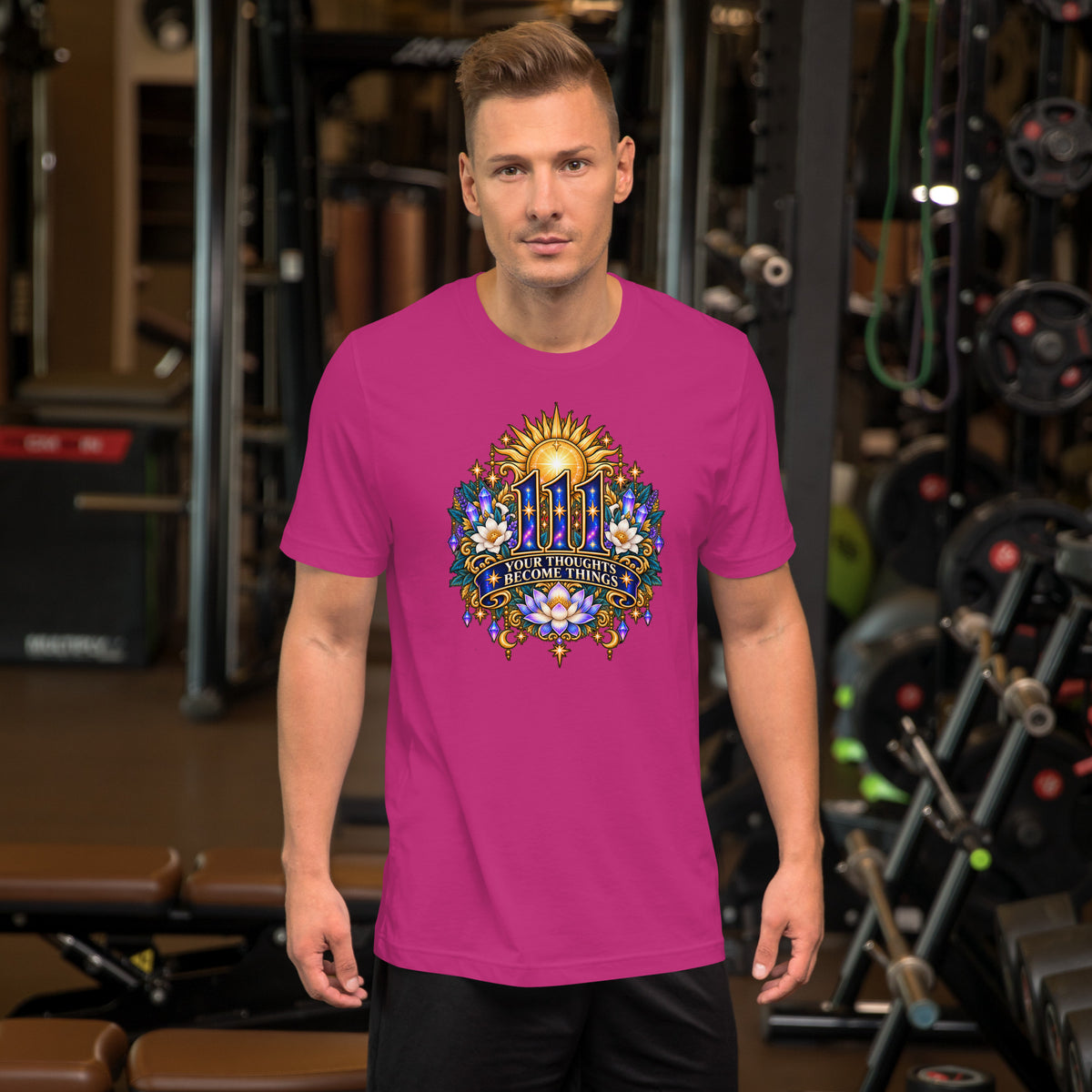 111 Thoughts Become Things angel number design, a golden sunburst with white lotus flowers and amethyst crystals, on a berry unisex t-shirt, front view