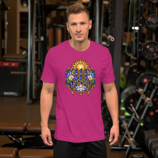 111 Thoughts Become Things angel number design, a golden sunburst with white lotus flowers and amethyst crystals, on a berry unisex t-shirt, front view