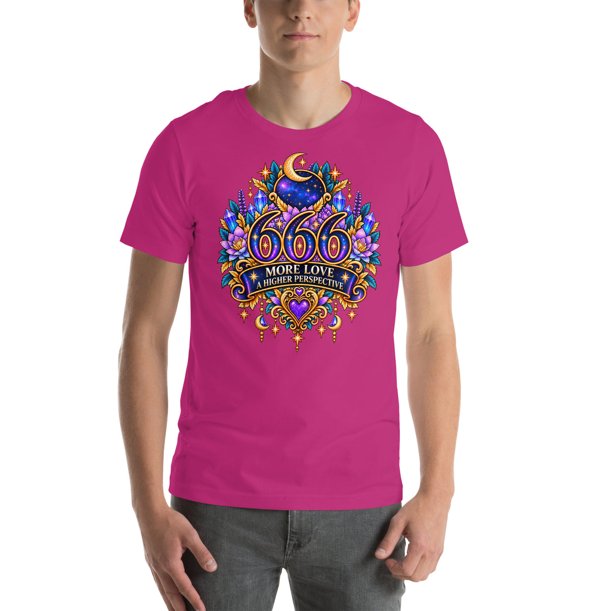 666 More Love angel number design, a crescent moon over a starry orb, with purple lotus flowers and blue crystals, on a berry unisex t-shirt, front view