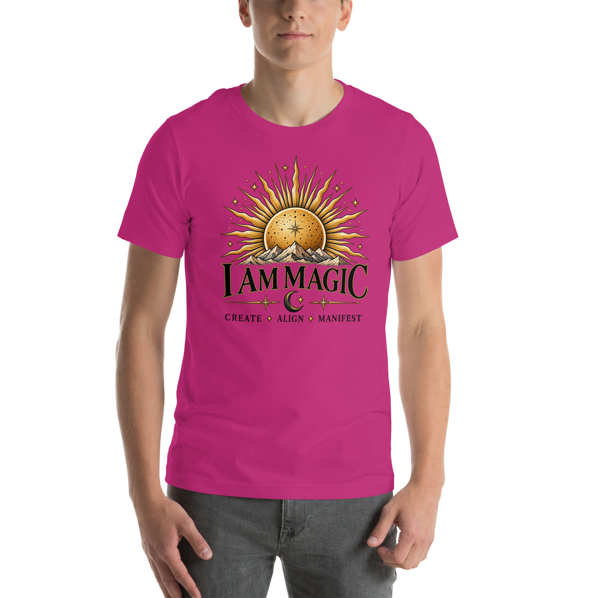 I Am Magic design with a gold sun face, Be Magical collection, on a berry unisex t-shirt, front view