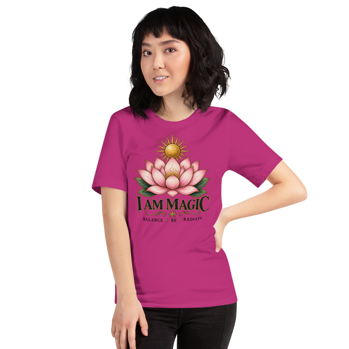 I Am Magic design with a gold lotus, Be Magical collection, on a berry unisex t-shirt, front view
