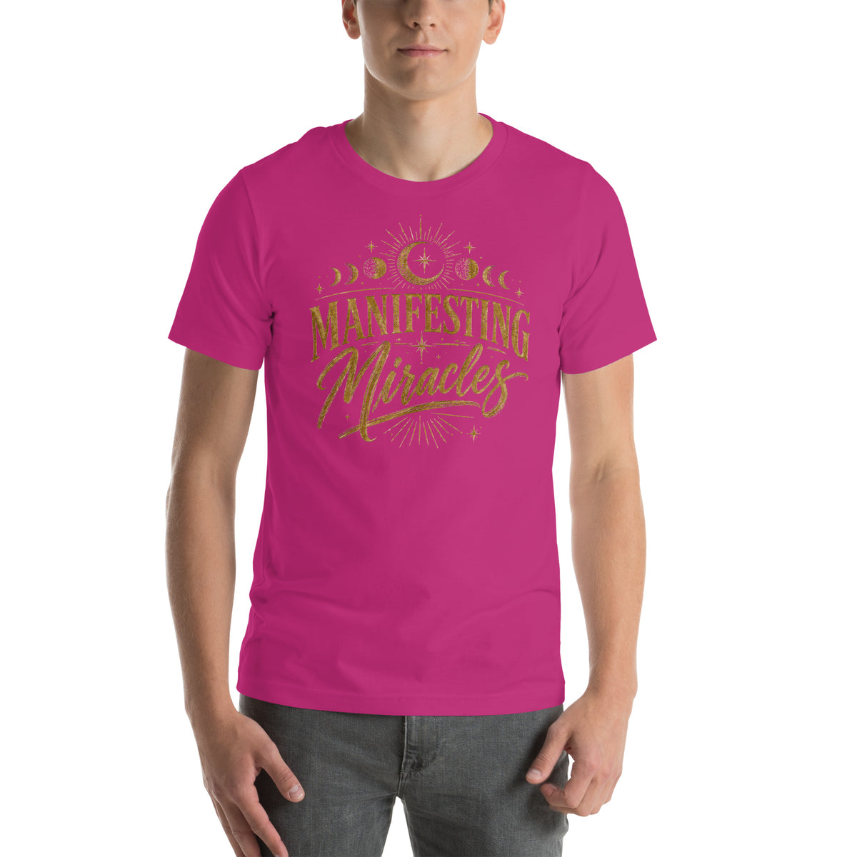 Manifesting Miracles design with moon phases in antique gold, on a berry unisex t-shirt, front view