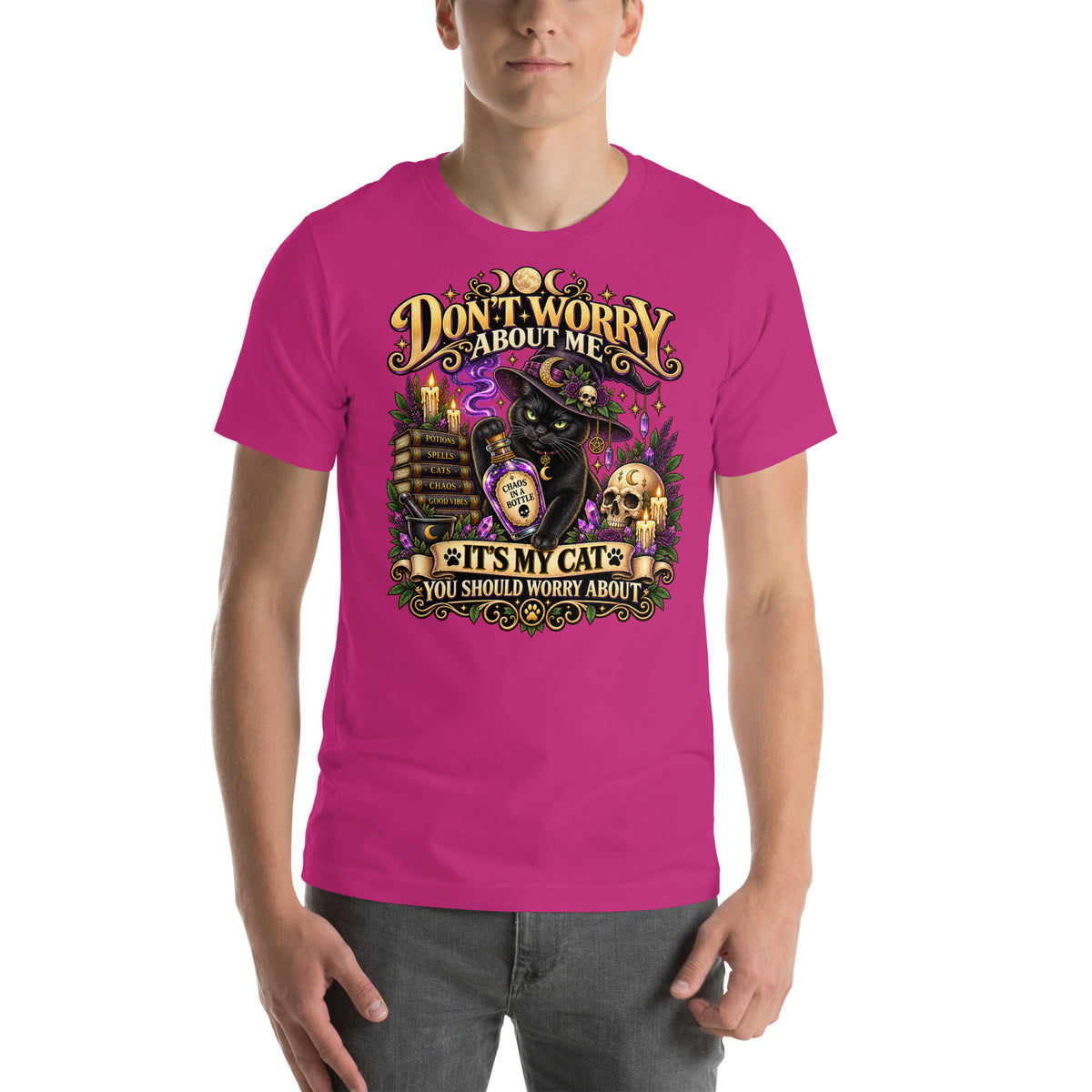 It's My Cat You Should Worry About black cat design on a Berry unisex t-shirt, front view