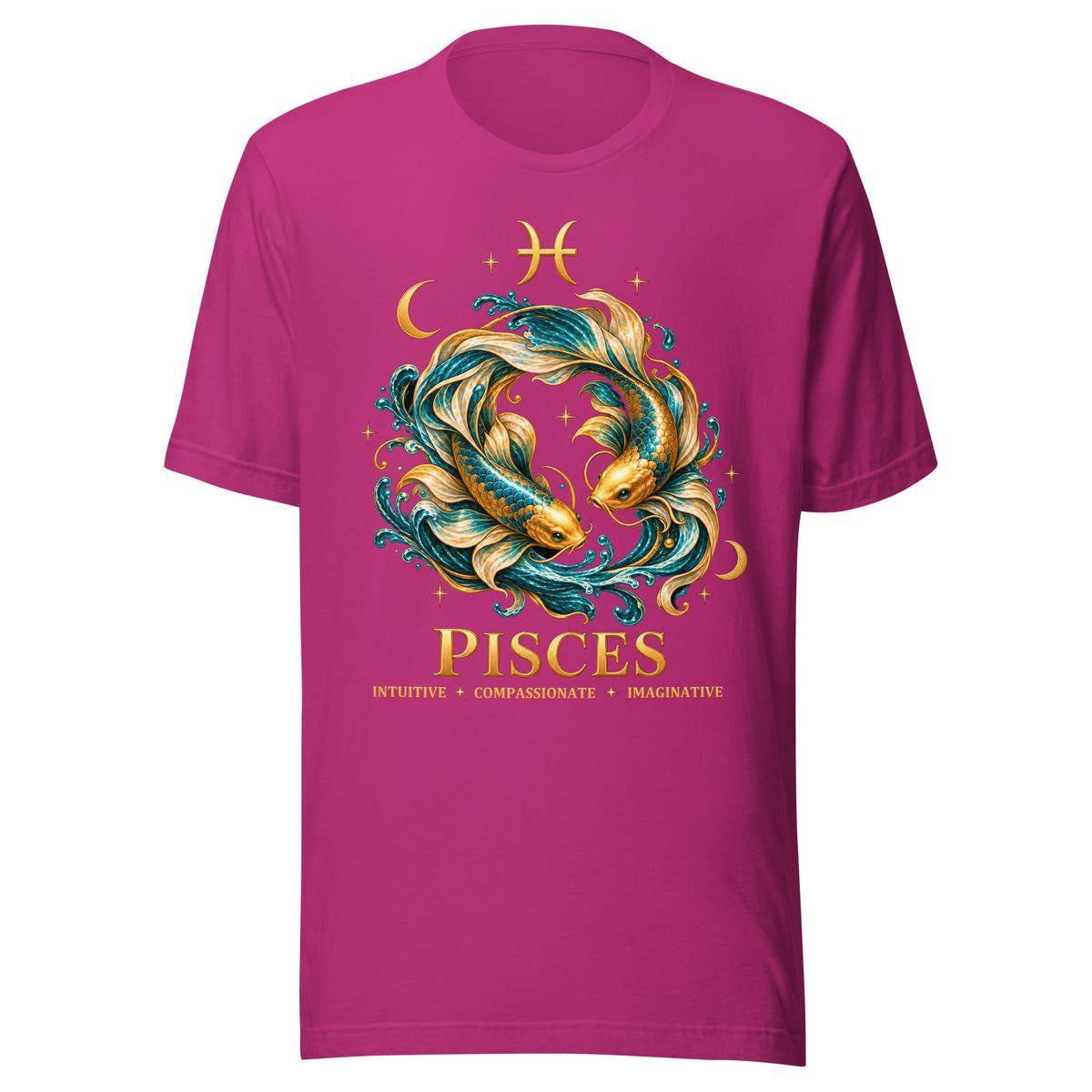 Pisces zodiac t-shirt in berry, front: two gold and teal koi in a night sky of gold stars with the Pisces glyph
