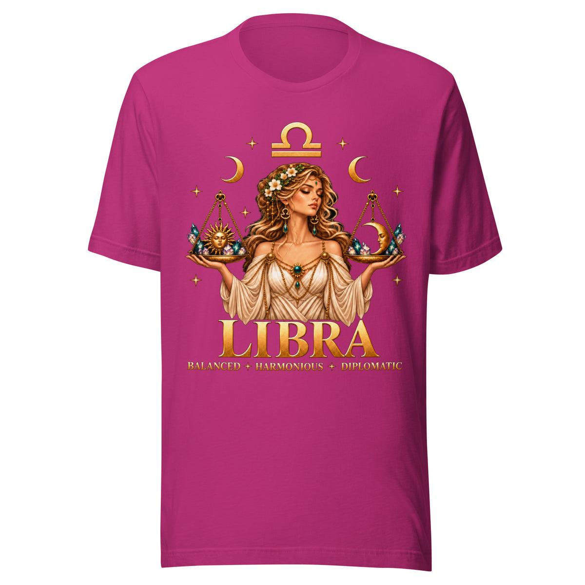 Libra zodiac t-shirt in berry, front: a woman holding golden scales in a night sky of gold stars with the Libra glyph
