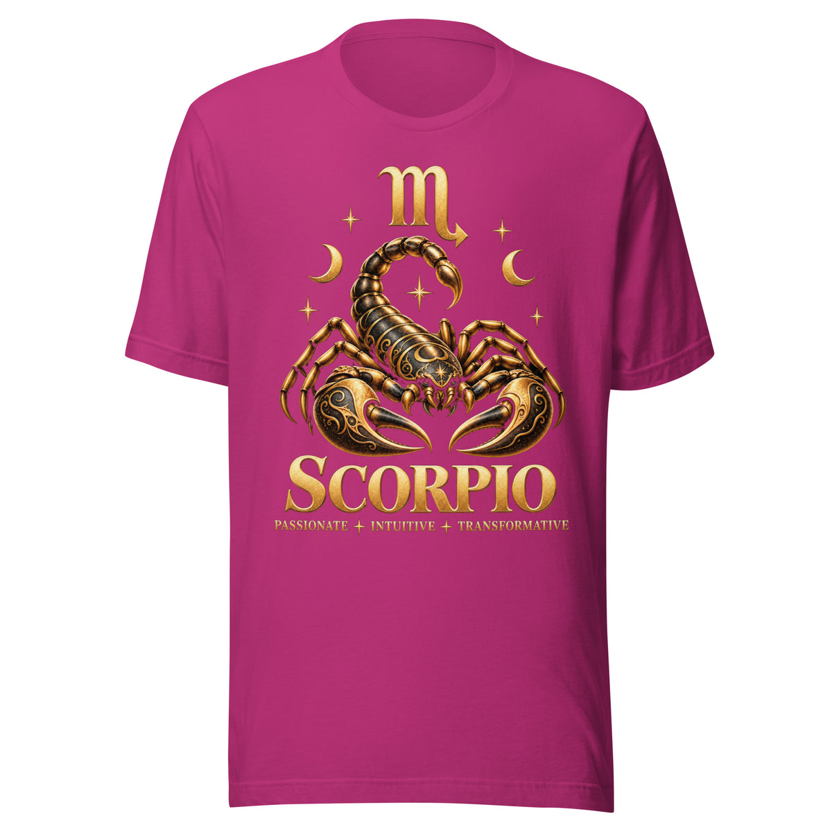 Scorpio zodiac t-shirt in berry, front: a golden scorpion in a night sky of gold stars with the Scorpio glyph
