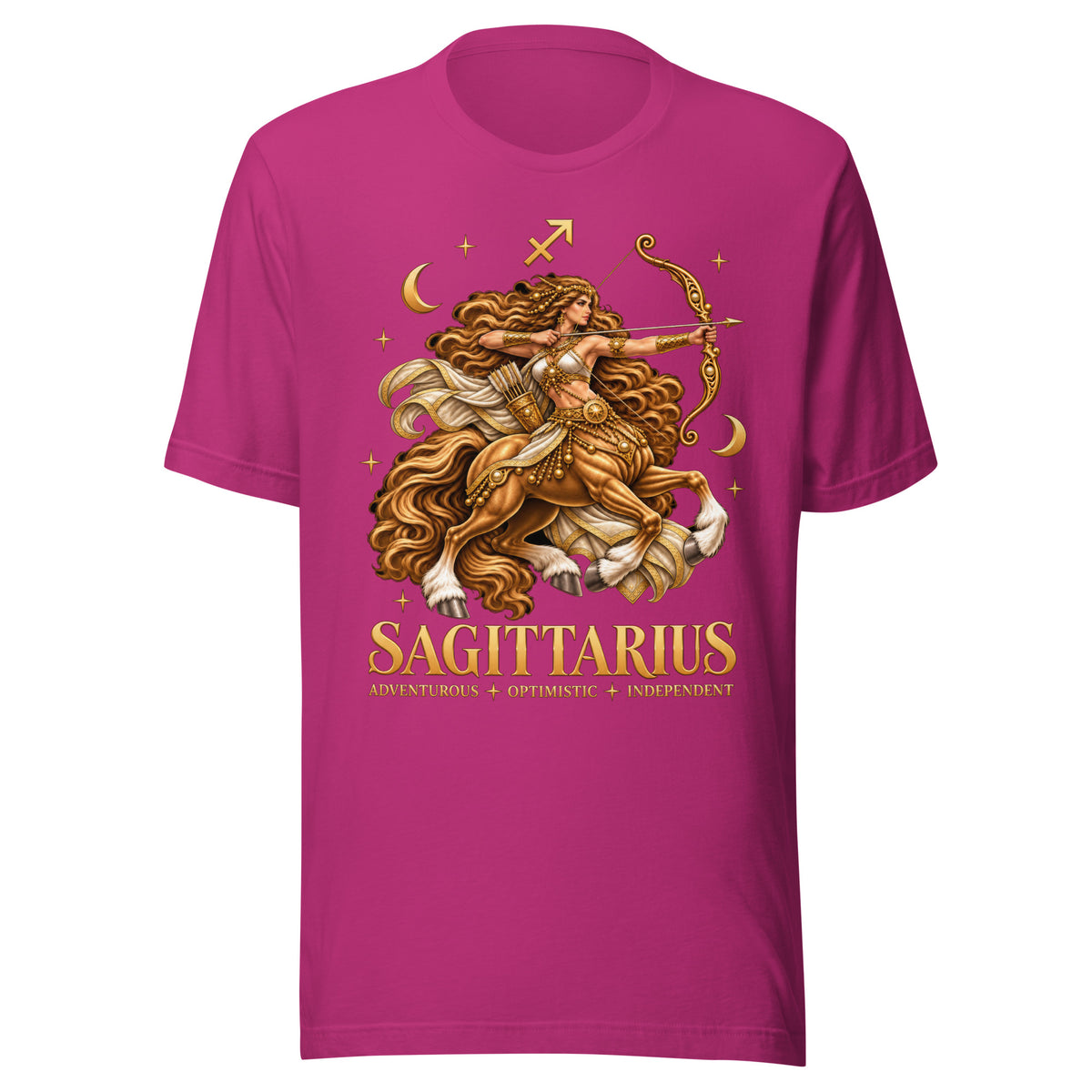 Sagittarius zodiac t-shirt in berry, front: a golden centaur archer in a night sky of gold stars with the Sagittarius glyph