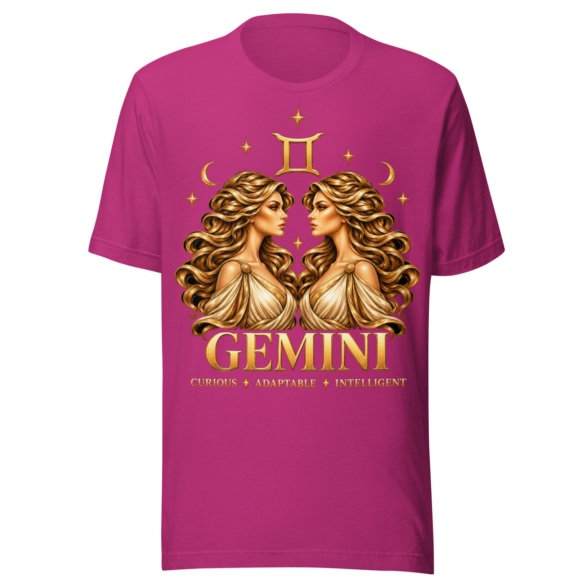 Gemini zodiac t-shirt in berry, front: golden twins face to face in a night sky of gold stars