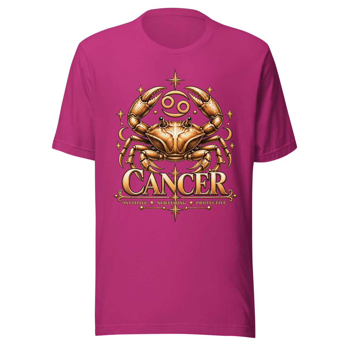 Cancer zodiac t-shirt in berry, front: a golden crab with claws raised in a night sky of gold stars