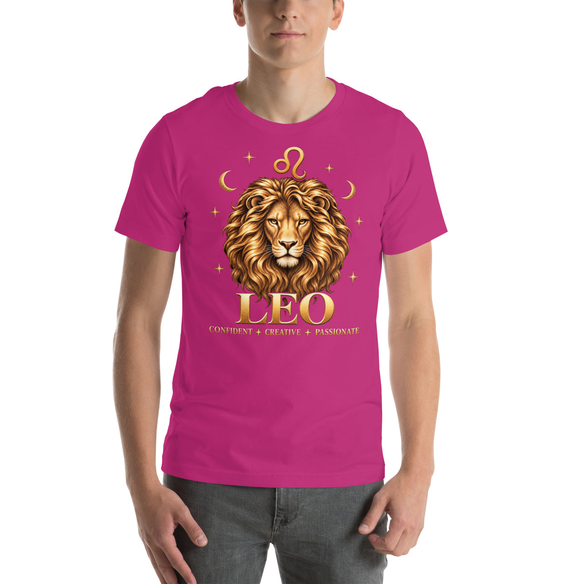 Leo zodiac t-shirt in berry, front: a golden lion with a full flowing mane in a night sky of gold stars