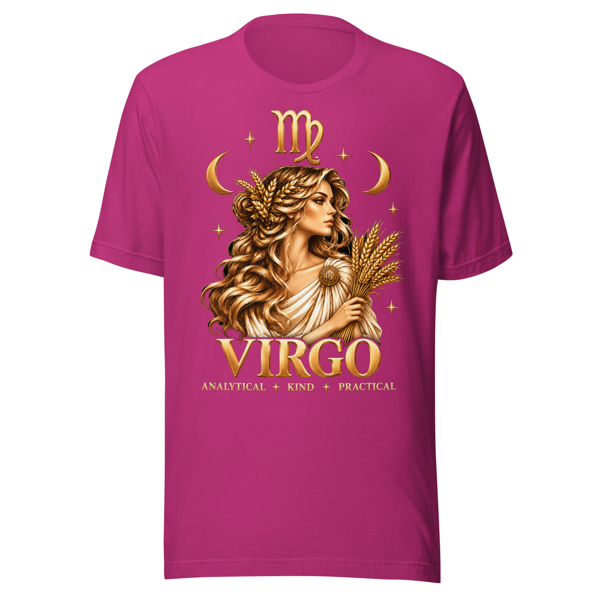 Virgo zodiac t-shirt in berry, front: a golden maiden holding a sheaf of wheat in a night sky of gold stars