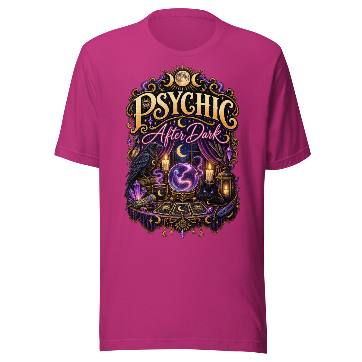 Psychic After Dark neon design, a black cat with a crystal ball, tarot cards and books, on a berry unisex t-shirt, front view