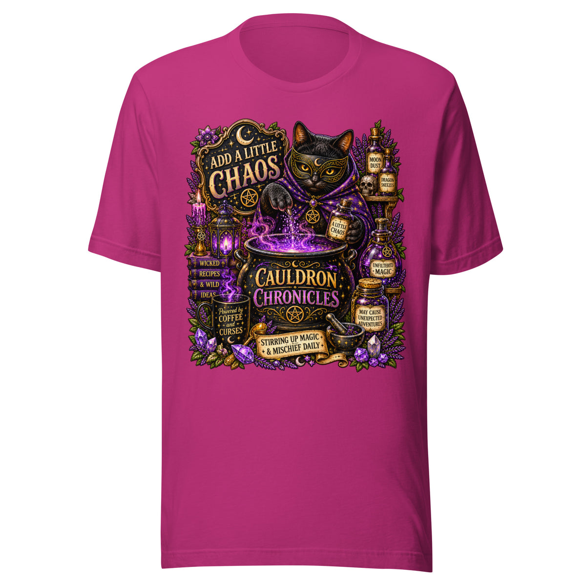 Add A Little Chaos design, a masked black cat stirring a bubbling purple cauldron, on a berry unisex t-shirt, front view