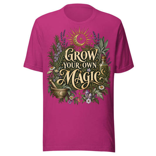 Grow Your Own Magic herbology design, herbs and a golden moon, on a berry unisex t-shirt, front view
