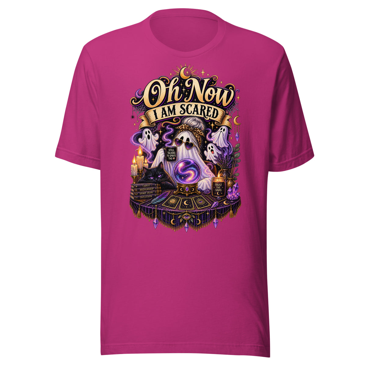 Oh Now I Am Scared design, a ghost in heart sunglasses reading a crystal ball with tarot cards, on a berry unisex t-shirt, front view