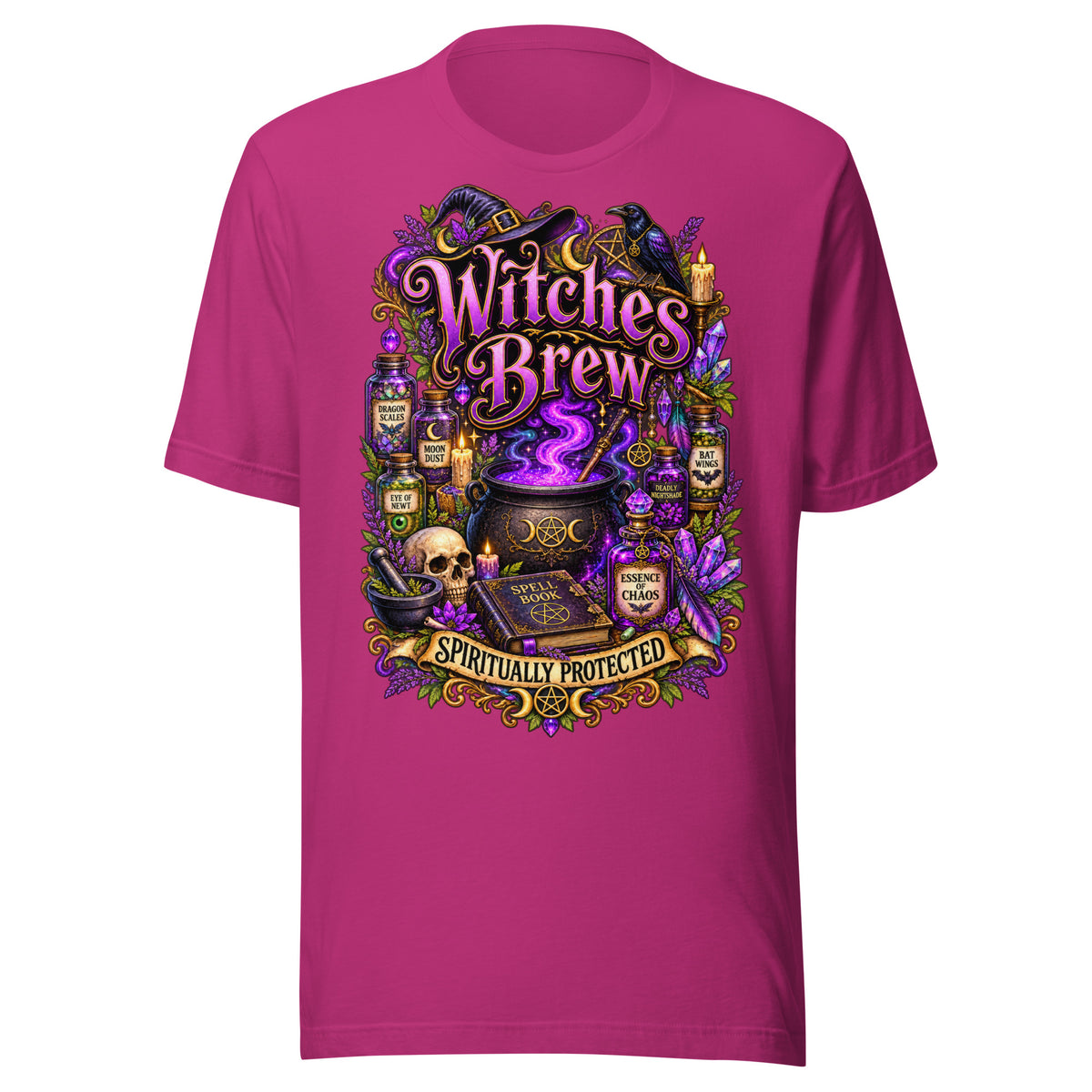 Witches Brew Spiritually Protected design, a bubbling cauldron with potion jars, on a berry unisex t-shirt, front view