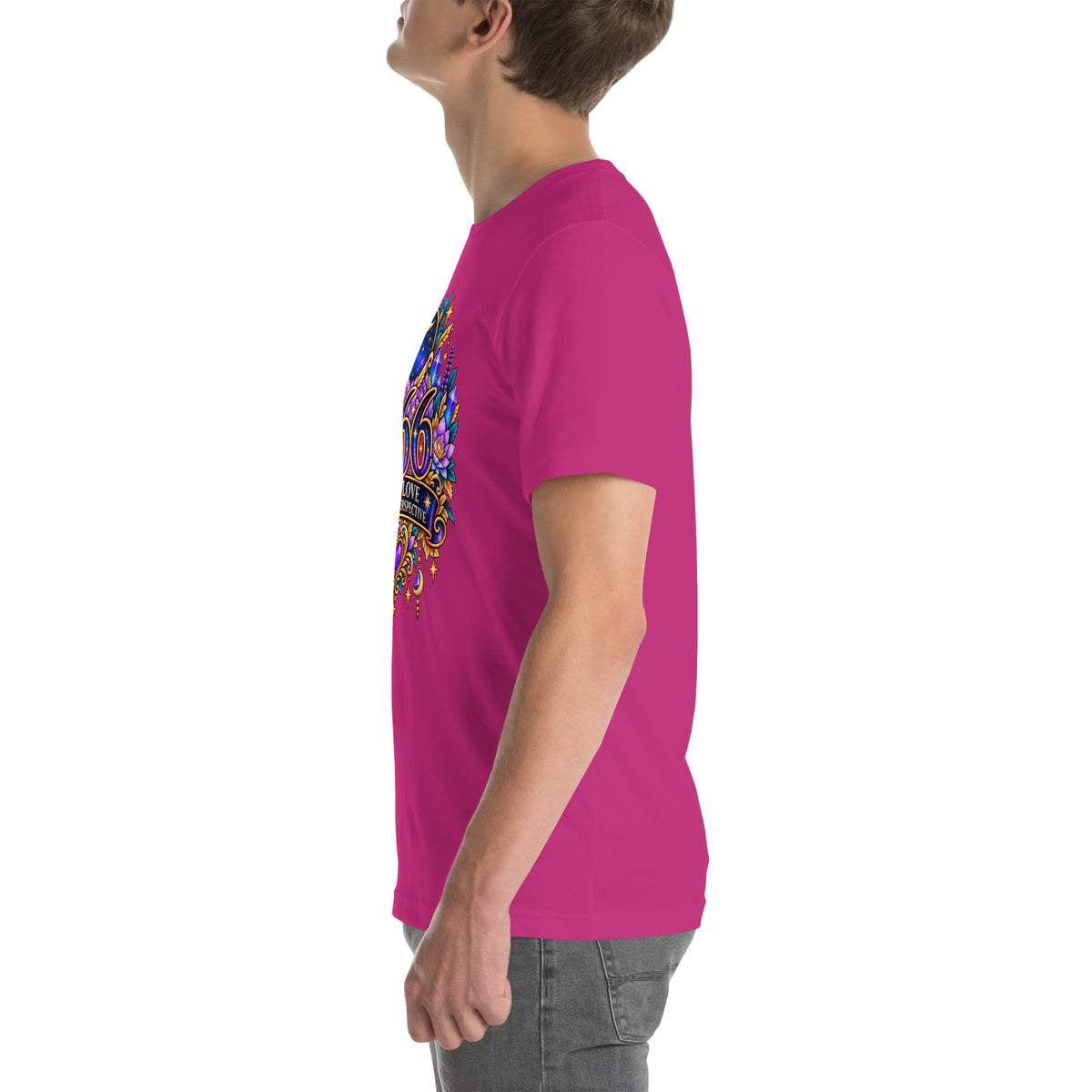 666 More Love angel number design, a crescent moon over a starry orb, with purple lotus flowers and blue crystals, on a berry unisex t-shirt, left side view