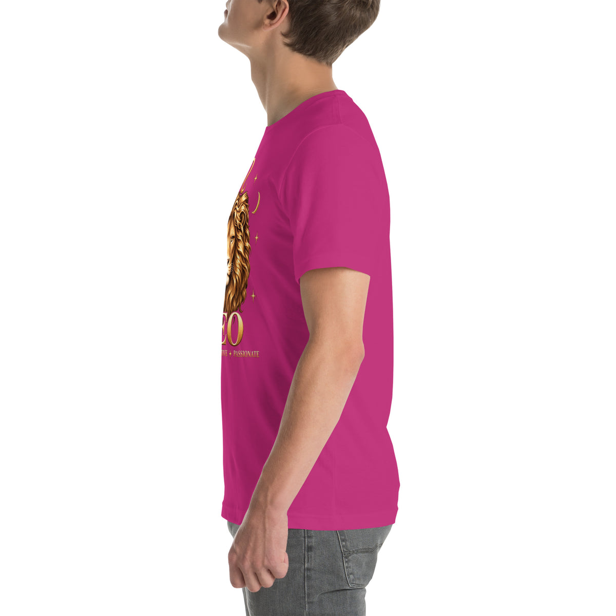 Leo zodiac t-shirt in berry, left side view