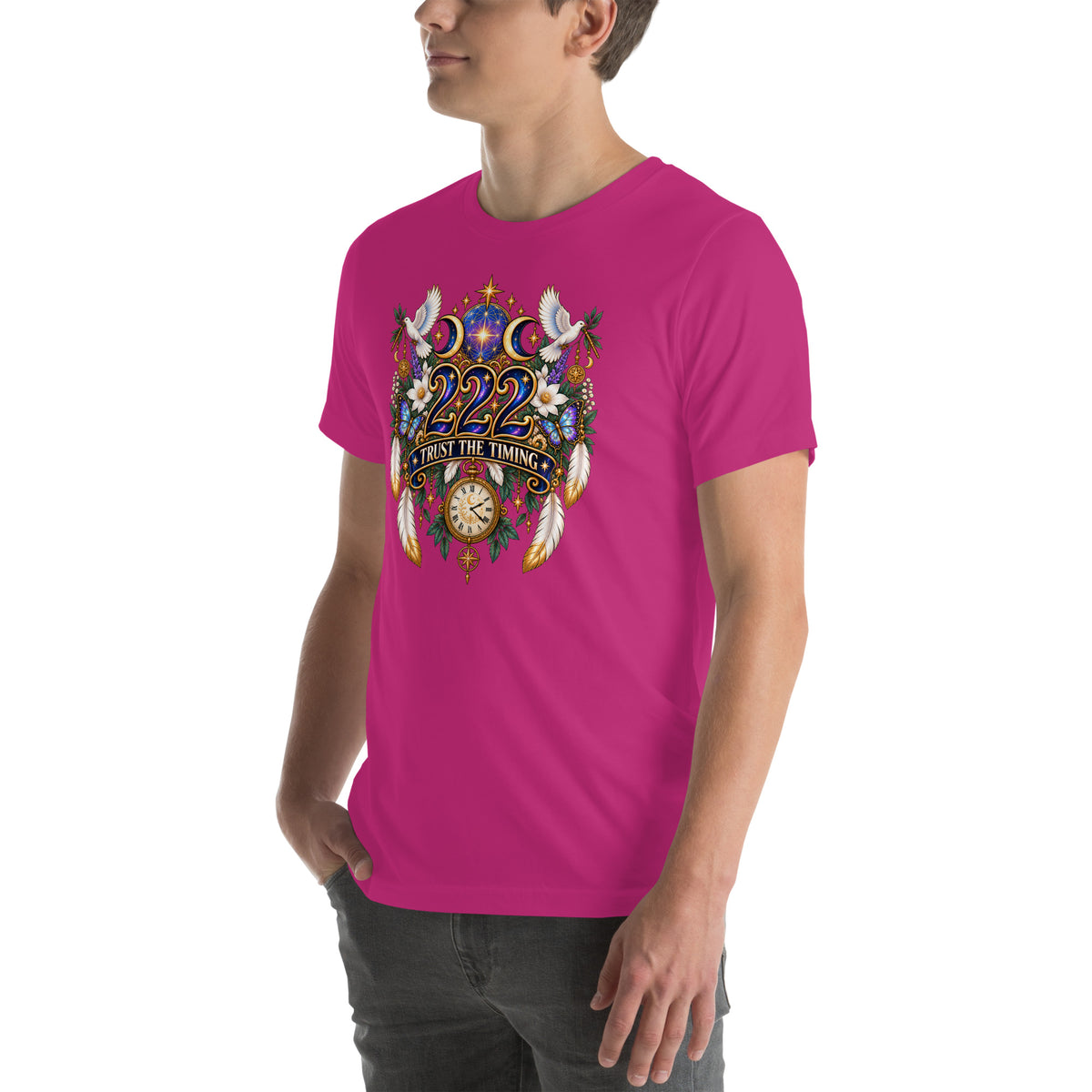 222 Trust The Timing angel number design, two white doves with olive branches, a gold pocket watch and white feathers, on a berry unisex t-shirt, left front view