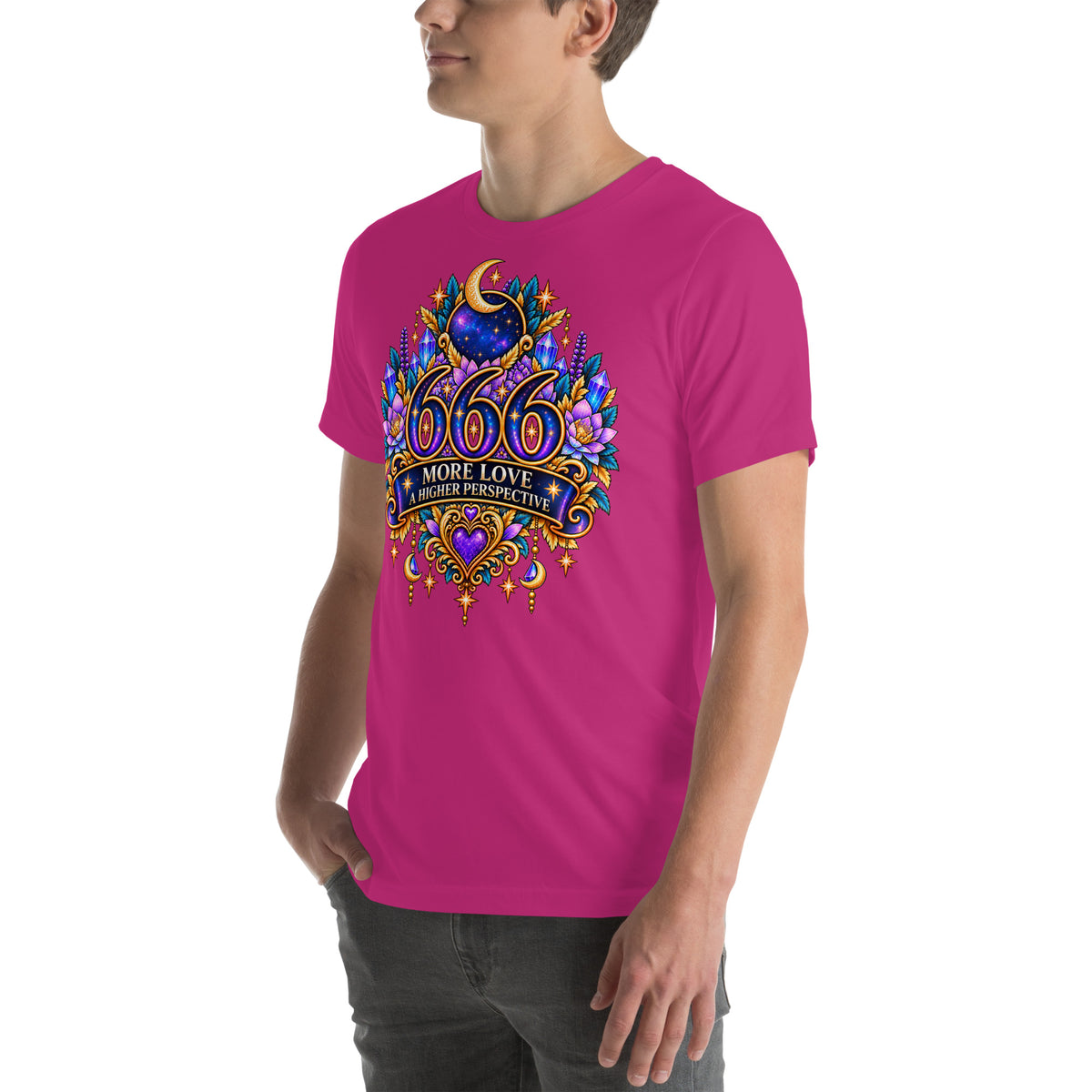 666 More Love angel number design, a crescent moon over a starry orb, with purple lotus flowers and blue crystals, on a berry unisex t-shirt, left front view