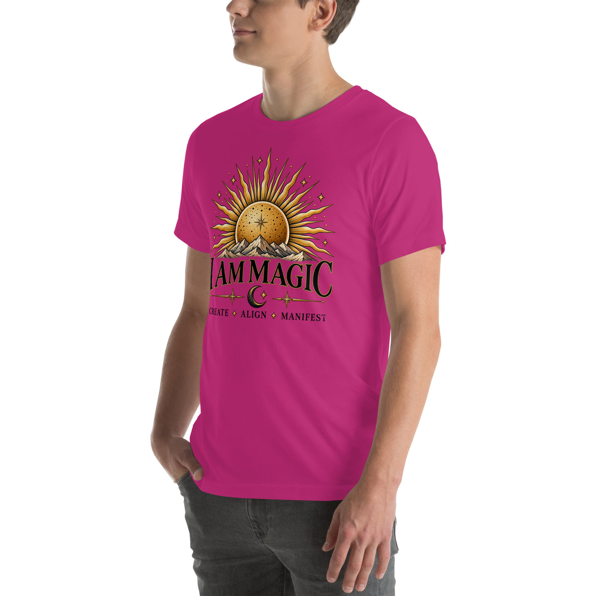 I Am Magic design with a gold sun face, Be Magical collection, on a berry unisex t-shirt, angled left front view