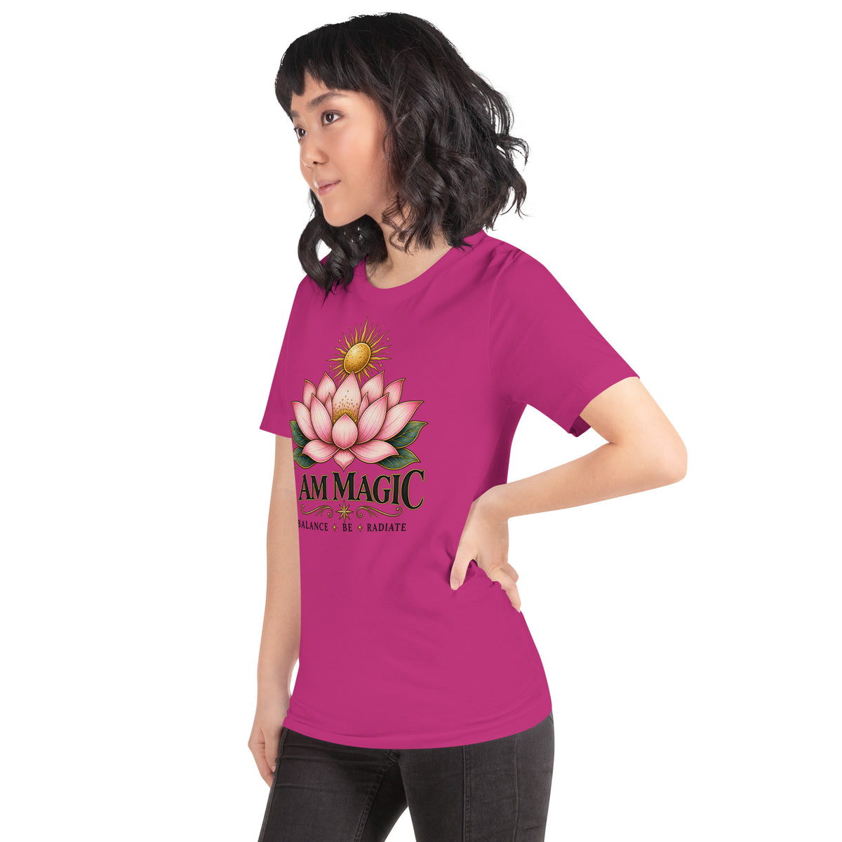 I Am Magic design with a gold lotus, Be Magical collection, on a berry unisex t-shirt, angled left front view