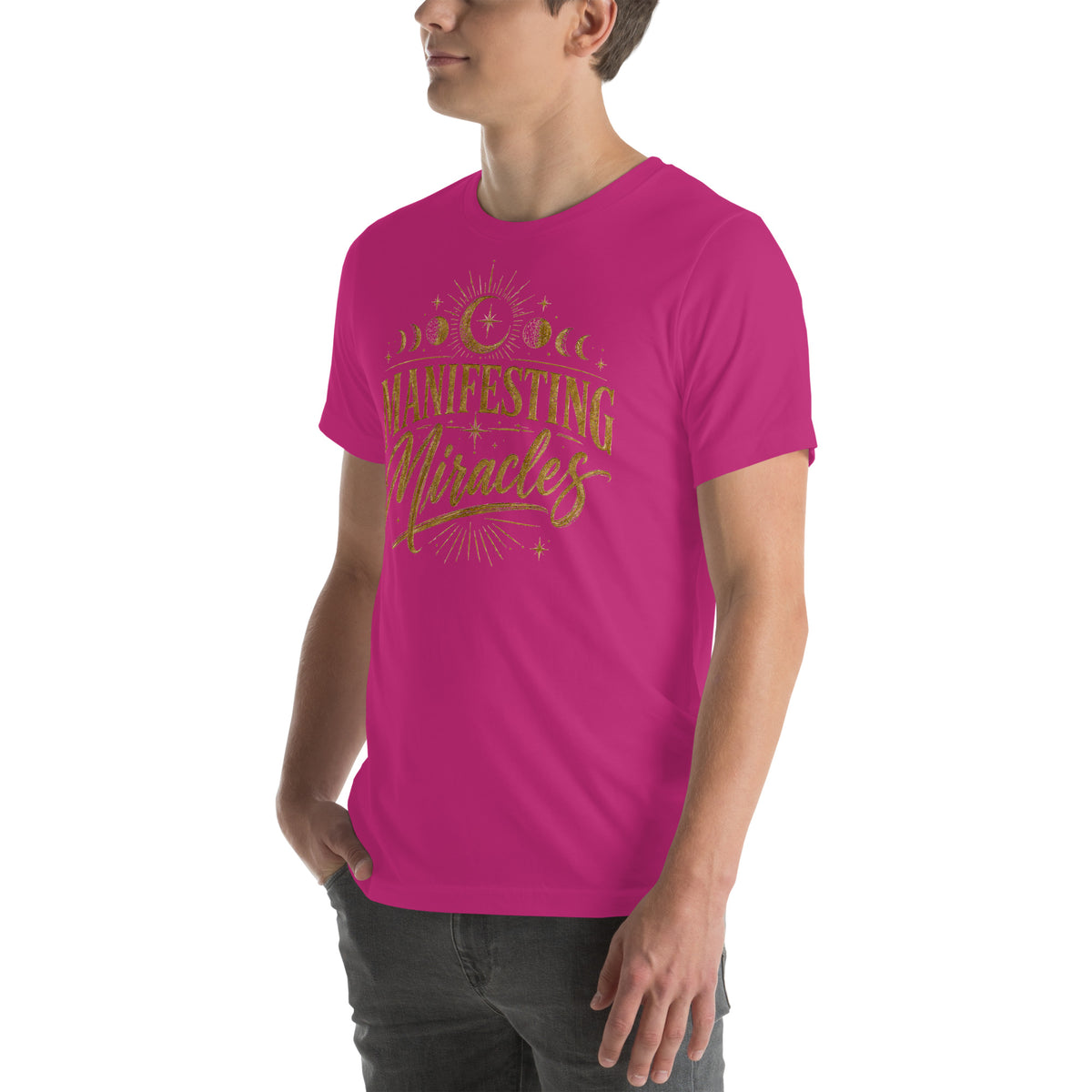 Manifesting Miracles design with moon phases in antique gold, on a berry unisex t-shirt, angled left front view