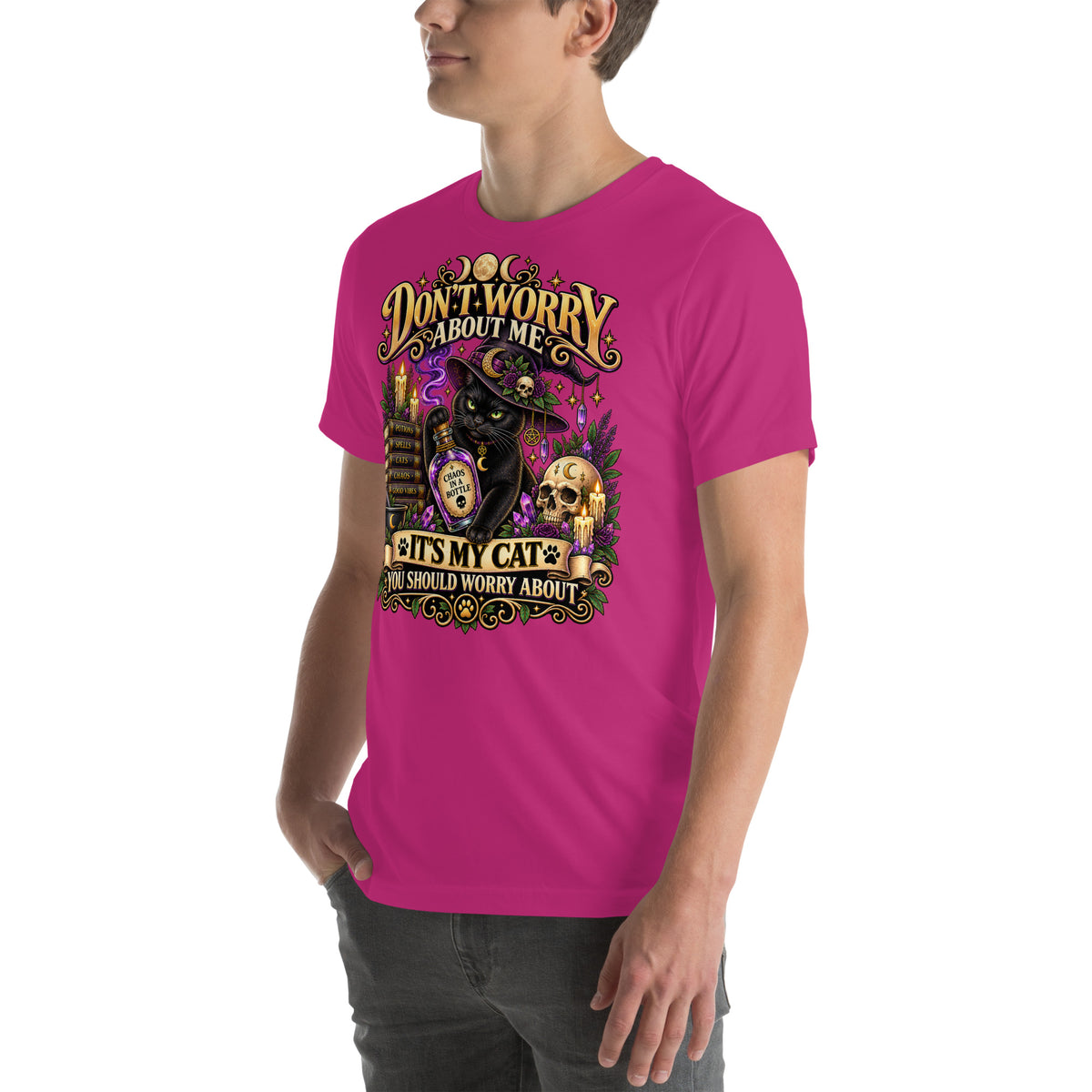 Model wearing a Berry It's My Cat You Should Worry About t-shirt, left side view
