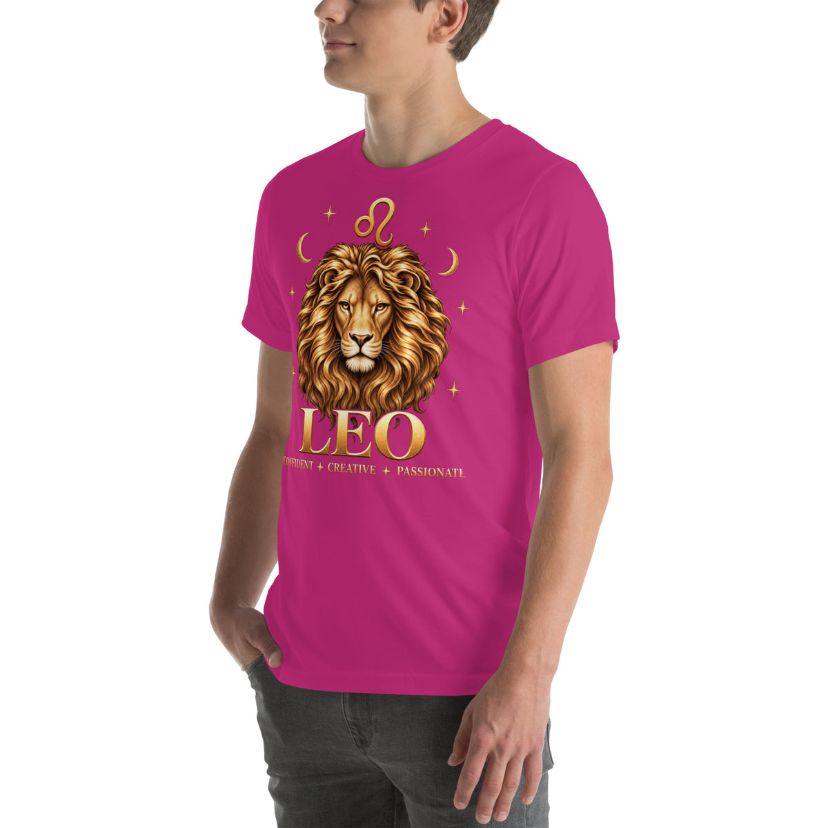 Leo zodiac t-shirt in berry, front view angled left