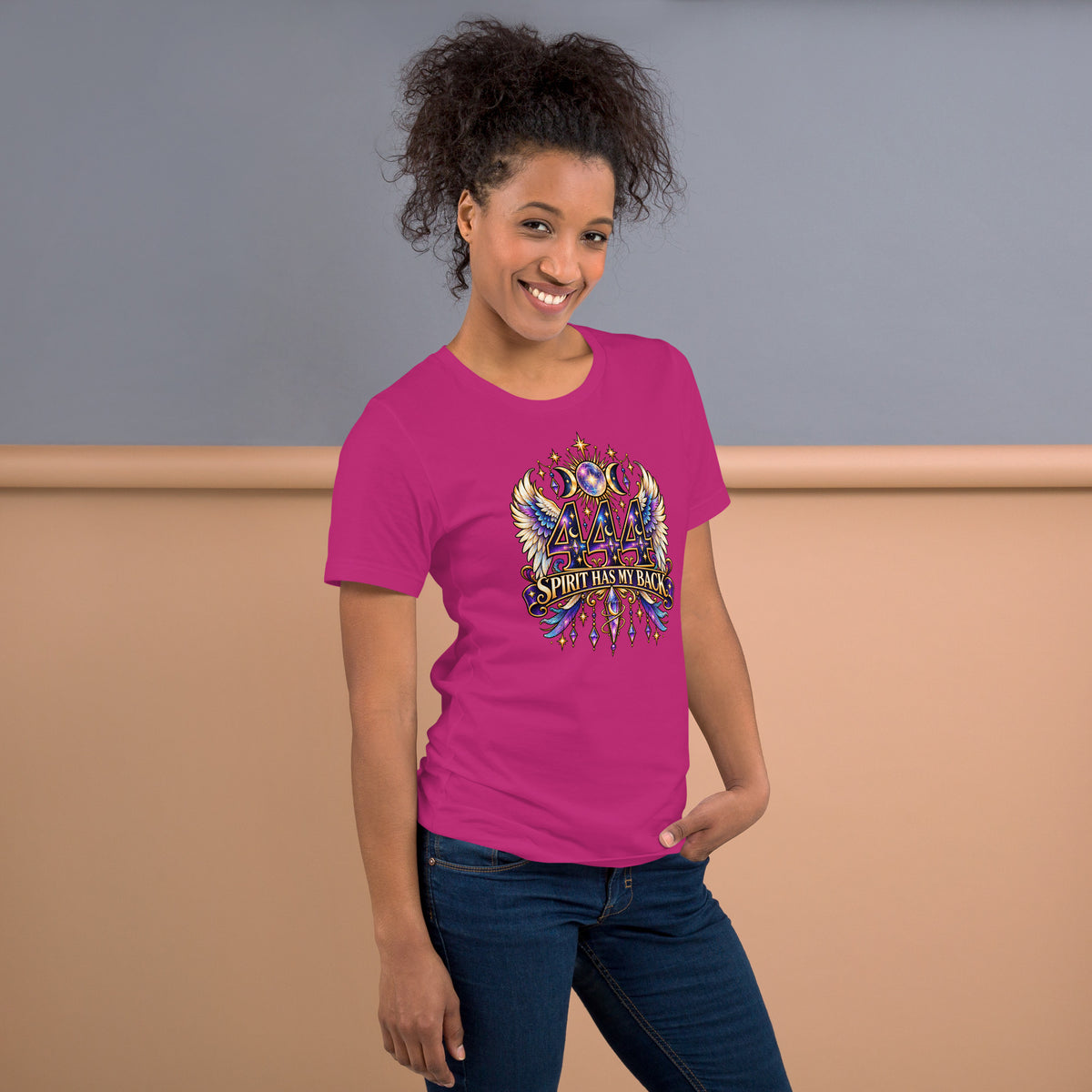 444 Spirit Has My Back angel number design, angel wings flanking the number beneath a galaxy orb and crescent moons, on a berry unisex t-shirt, right side view