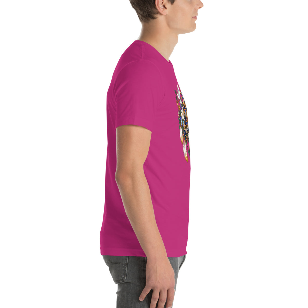 222 Trust The Timing angel number design, two white doves with olive branches, a gold pocket watch and white feathers, on a berry unisex t-shirt, right side view