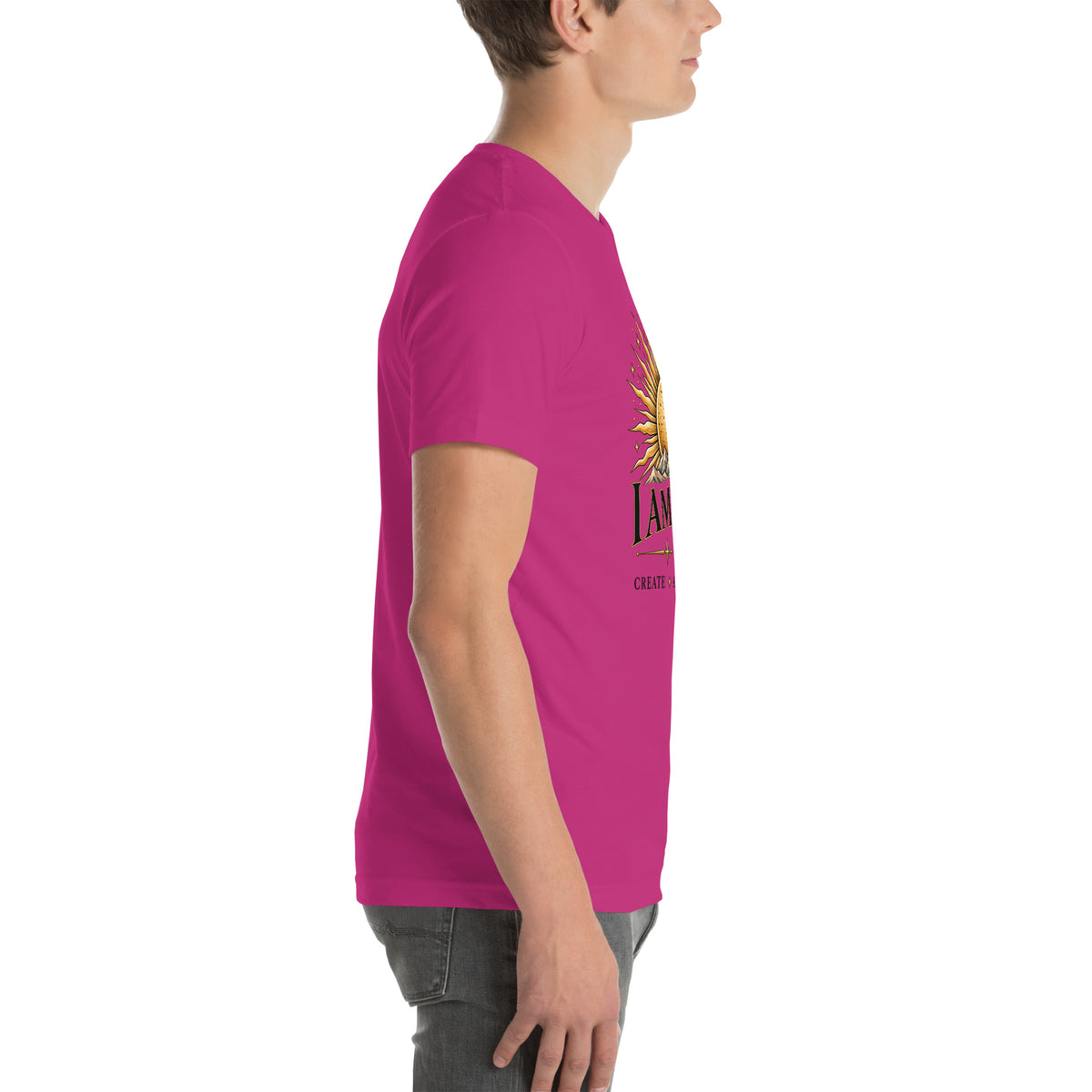 I Am Magic design with a gold sun face, Be Magical collection, on a berry unisex t-shirt, right side view