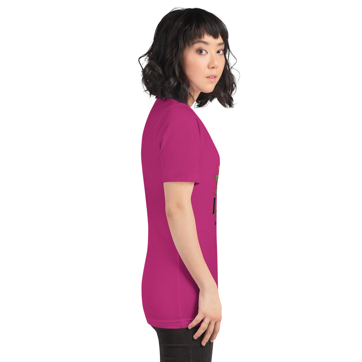 I Am Magic design with a gold lotus, Be Magical collection, on a berry unisex t-shirt, right side view