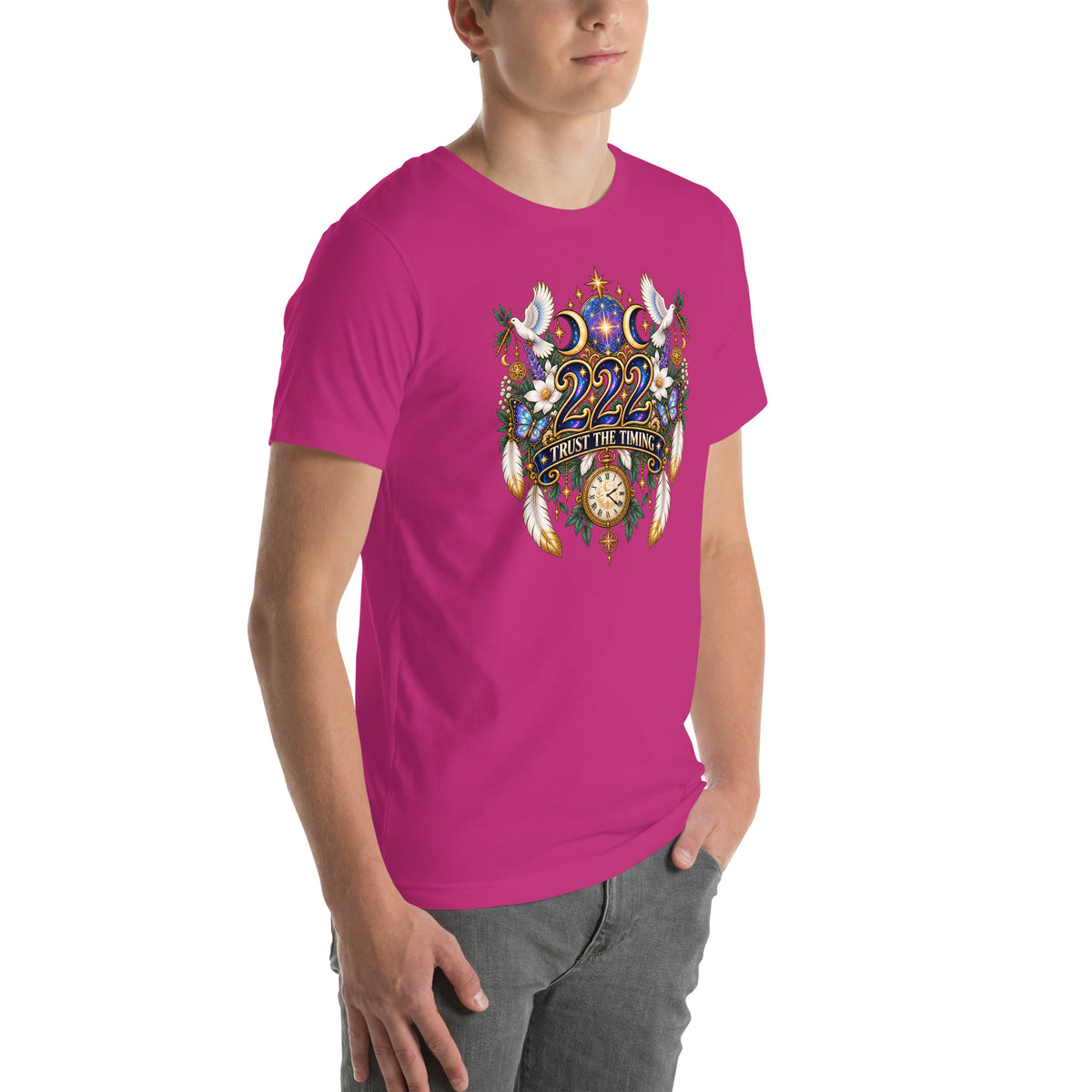 222 Trust The Timing angel number design, two white doves with olive branches, a gold pocket watch and white feathers, on a berry unisex t-shirt, right front view