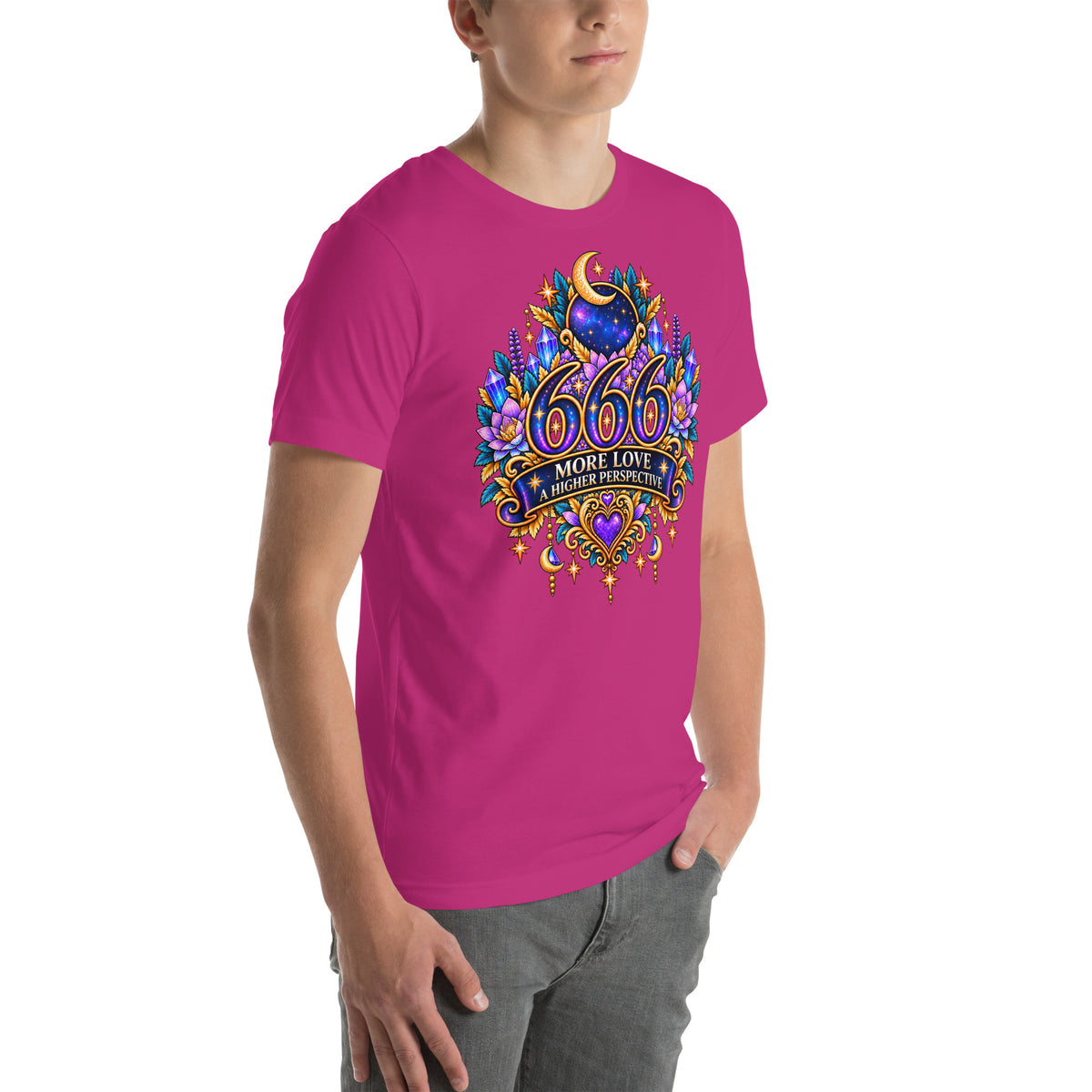 666 More Love angel number design, a crescent moon over a starry orb, with purple lotus flowers and blue crystals, on a berry unisex t-shirt, right front view
