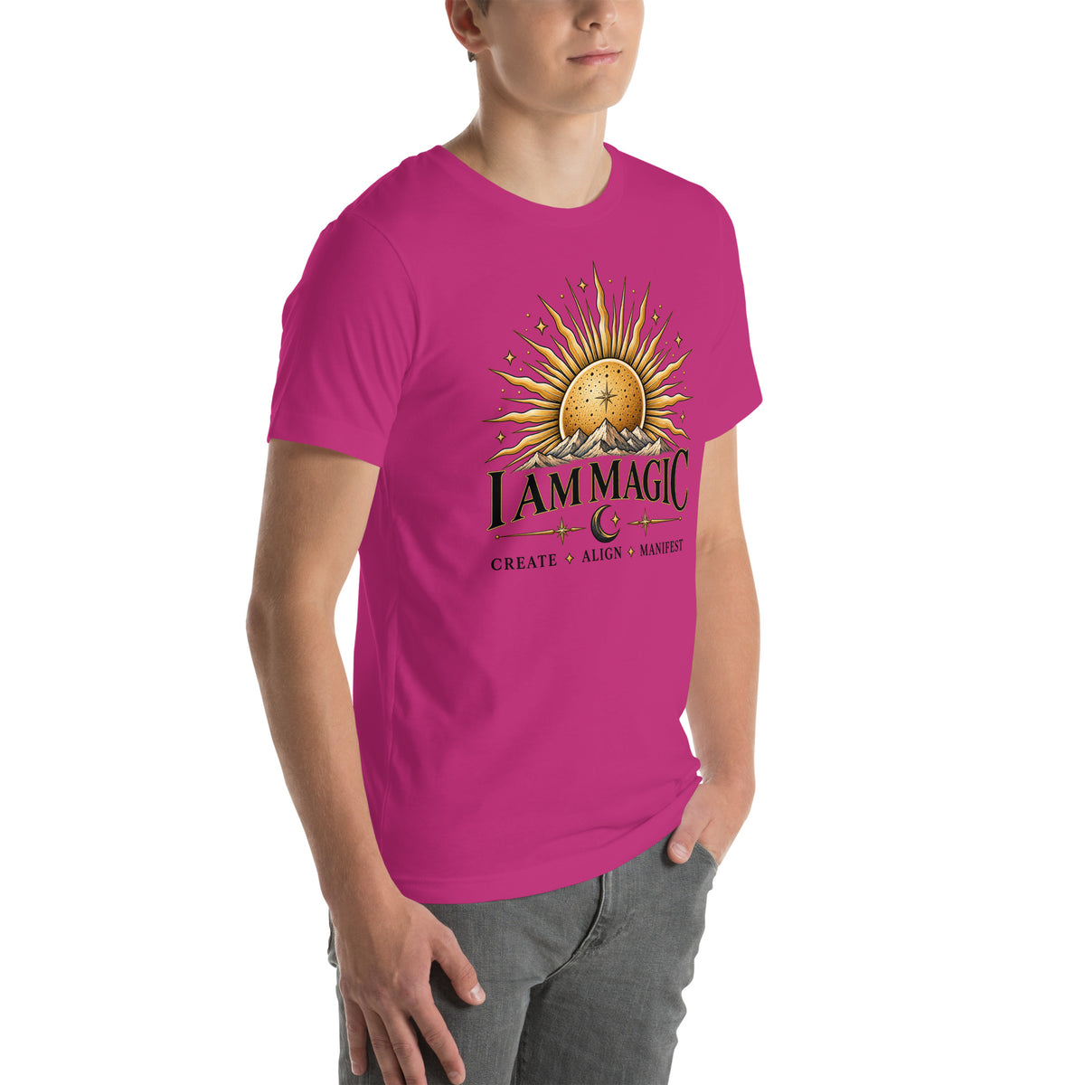 I Am Magic design with a gold sun face, Be Magical collection, on a berry unisex t-shirt, angled right front view