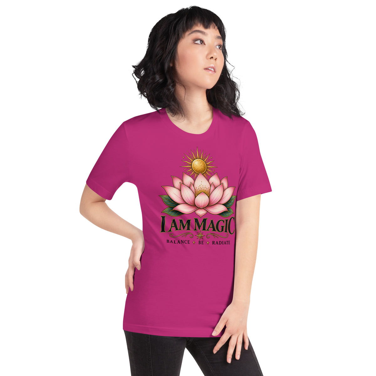I Am Magic design with a gold lotus, Be Magical collection, on a berry unisex t-shirt, angled right front view