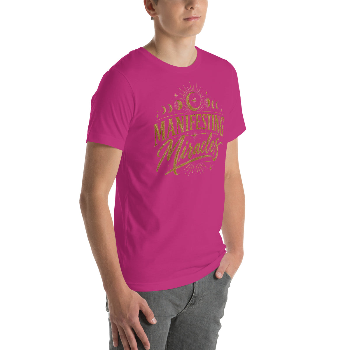 Manifesting Miracles design with moon phases in antique gold, on a berry unisex t-shirt, angled right front view