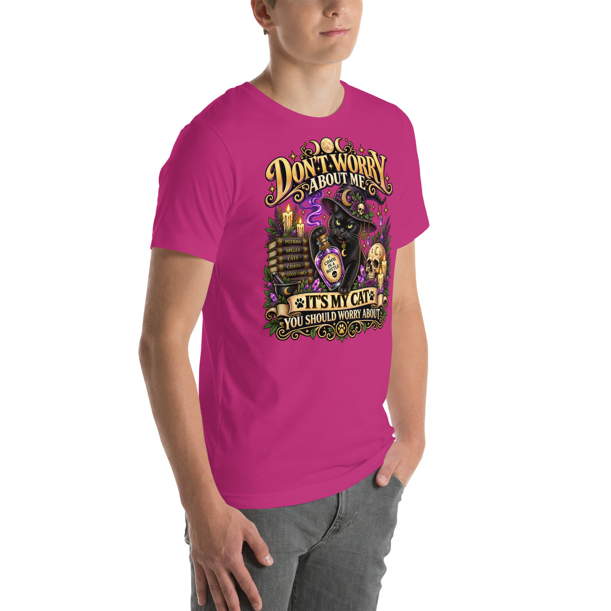Model wearing a Berry It's My Cat You Should Worry About t-shirt, right side view