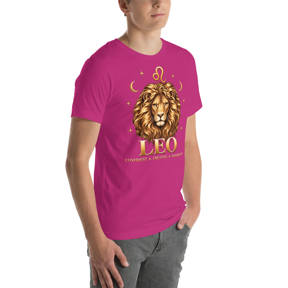 Leo zodiac t-shirt in berry, front view angled right