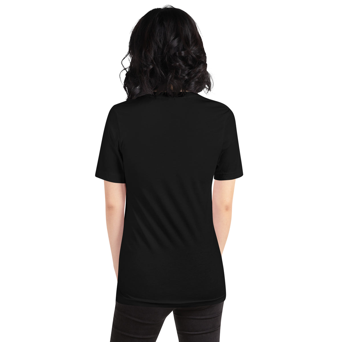 Chaos Coordinator whimsigoth design, a witchy black cat in a pointed hat, on a black unisex t-shirt, back view