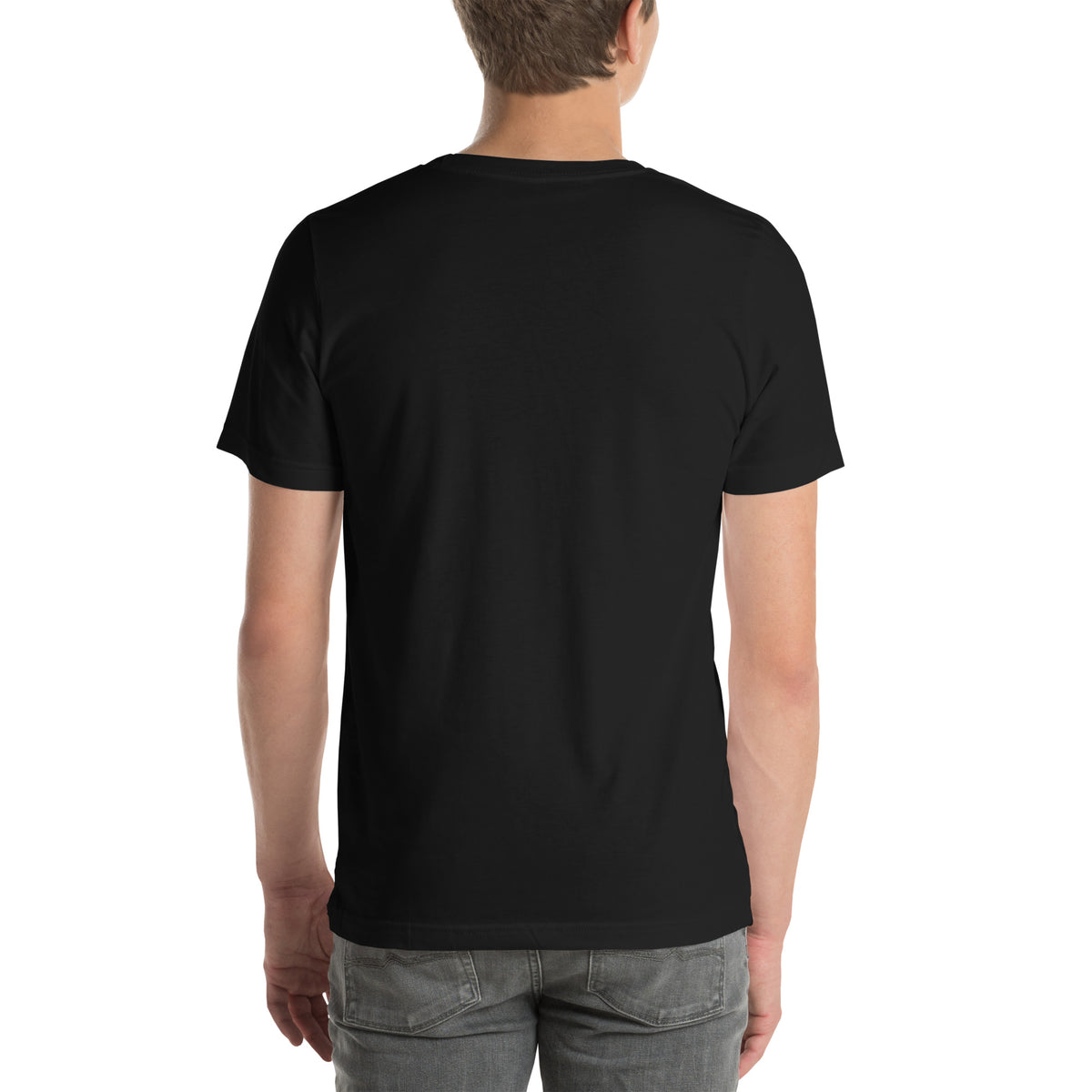 222 Trust The Timing angel number design, two white doves with olive branches, a gold pocket watch and white feathers, on a black unisex t-shirt, back view