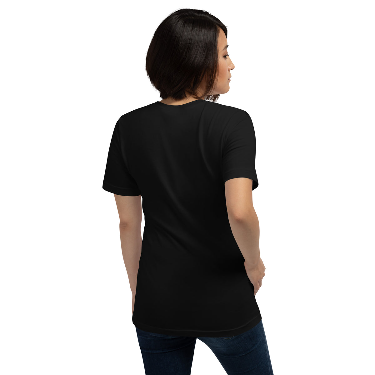 My Book Club Has A Coven Problem dark academia design, a witchy black cat and a stack of spellbooks, on a black unisex t-shirt, back view