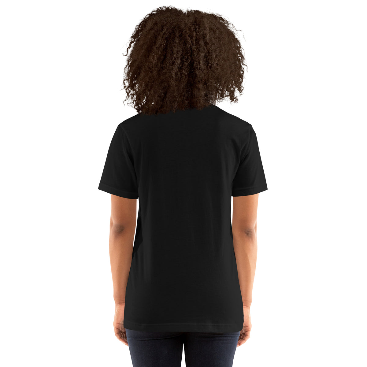 Currently Reading The Signs dark academia design, two black cats asleep over an open book beneath a crescent moon, on a black unisex t-shirt, back view