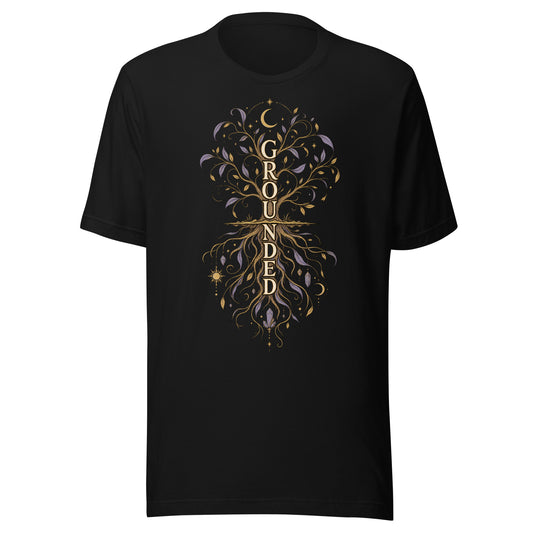 Grounded Spiritual Energy design, a tree whose roots mirror its branches, on a black unisex t-shirt, front view