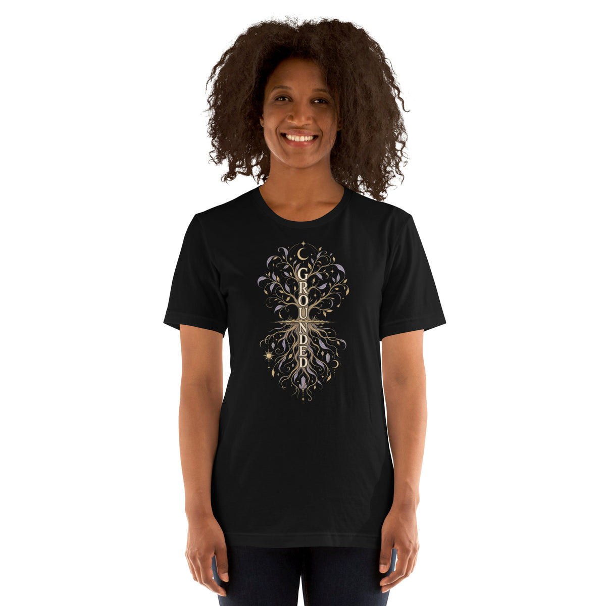 I Am Grounded affirmation design, on a black unisex t-shirt, front view